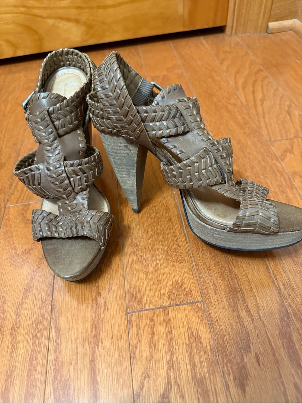 AllSaints Woven Brown Platform Cone Heel Sandals